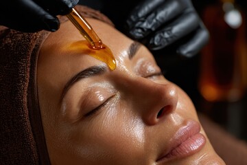 Woman receiving facial oil treatment from beautician, promoting youthful skin and a healthy complexion, for spa, beauty, and skincare concepts.