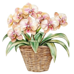 An Orchid Flower Basket, watercolor vector, isolated on a white background.