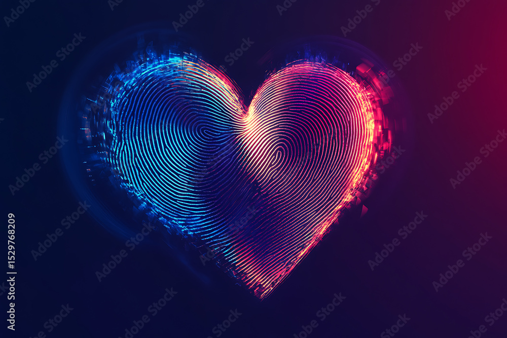 Poster vibrant digital heart shape created with colorful fingerprint patterns against a dark backdrop