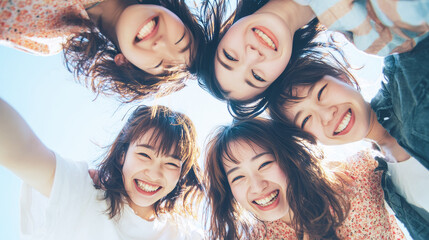 青空と笑顔が爽やかな女性の集合写真