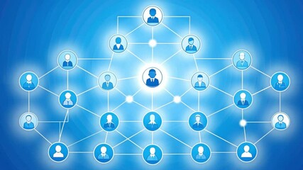 Digital network of connected user icons on blue background showing communication, social media links and online technology concept. - Powered by Adobe