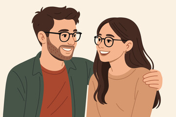 Happy young couple in love smiling and hugging. Man and woman in glasses in a romantic relationship. Vector illustration of a partnership and support. Boyfriend and girlfriend.