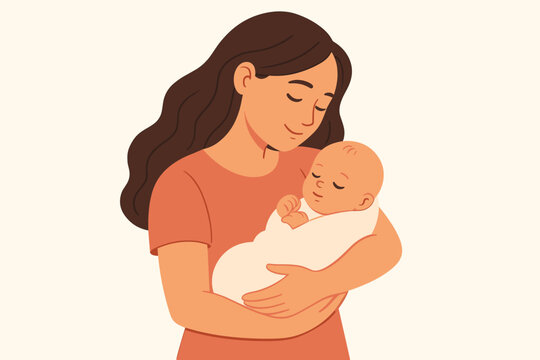 Loving mother embraces sleeping newborn baby. Gentle parenting and maternity concept. Woman hugging her infant child. Family care and love. Happy Mothers Day vector illustration.
