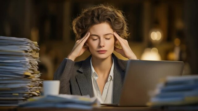 Stressed female lawyer in cluttered office surrounded by paperwork