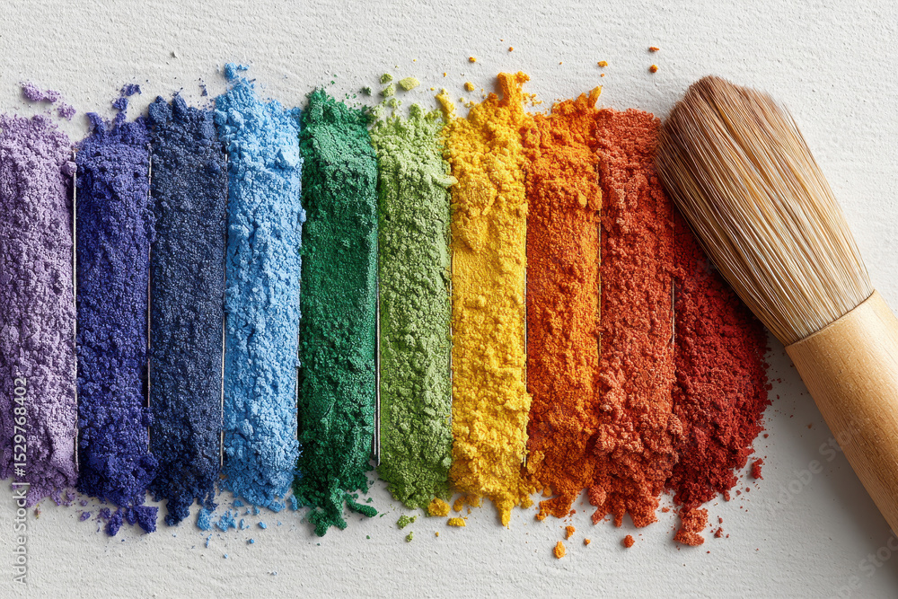 Aufkleber a vibrant array of colorful eyeshadow pigments arranged in a rainbow pattern, alongside a makeup bru
