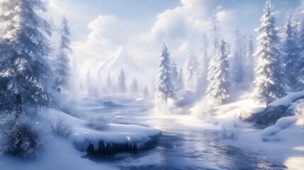A snowy winter landscape with frost-covered trees and a frozen river 