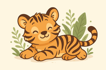 Cute tiger cub relaxing with a happy smile. Adorable baby wild cat cartoon illustration. Peaceful jungle animal character resting among leaves. Vector for kids, nursery, and mascot.