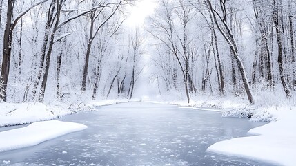 A snowy winter landscape with frost-covered trees and a frozen river 