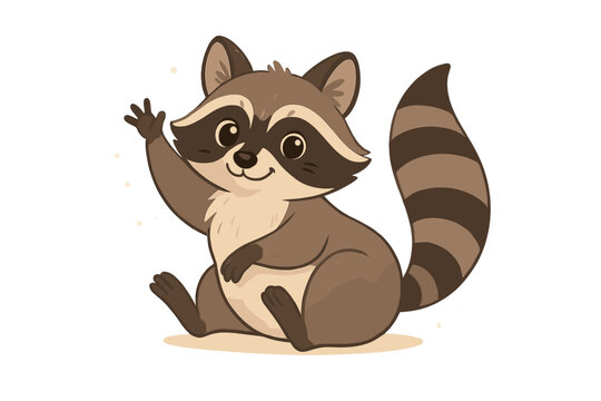 Cute raccoon cartoon character waving hello. Friendly woodland animal mascot sitting and smiling. Vector illustration isolated on white background for kids, nursery, and design.