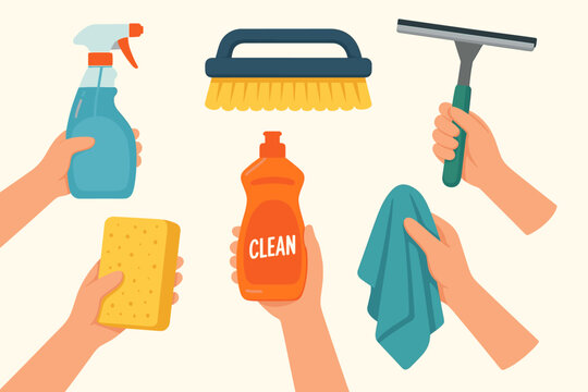 Vector set of cleaning supplies and household items. Hands holding detergent, spray, sponge, squeegee, cloth, brush. Concept of housekeeping, domestic chores, and professional cleaning service.