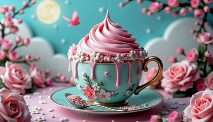 Decorative ice cream in a floral cup surrounded by roses and pastel colors