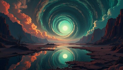 Obraz premium Surreal Landscape with Swirling Celestial Vortex