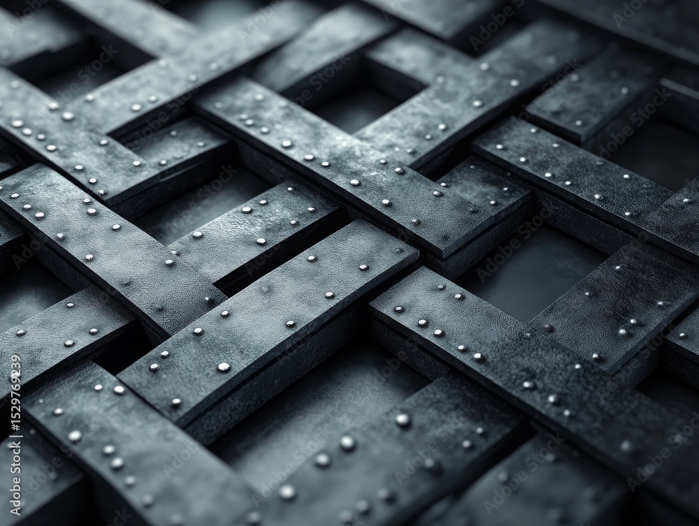 Poster interwoven metal grid texture: an abstract industrial pattern with rivets and layers, creating a cap