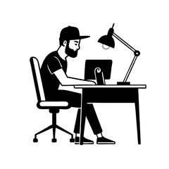 A minimalist side angle shot 2D logo design featuring a man with fade haircut a beard in a snapback hat, sitting at a desk and working on his computer. The man has a relaxed posture, and his desk is i