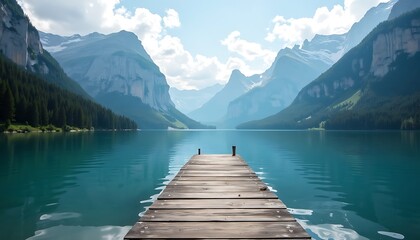 Wooden Pier on Calm Lake Surrounded by Mountains
