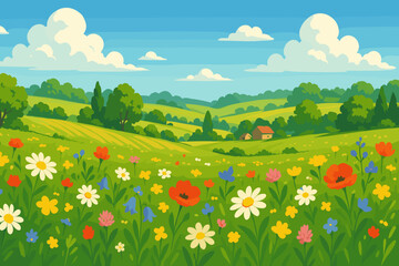 Fototapeta premium Idyllic summer meadow with wildflowers. Rural countryside landscape with rolling green hills, trees, and farmhouse. Cartoon vector illustration background for nature concepts.