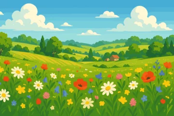 Fototapeten Idyllic summer meadow with wildflowers. Rural countryside landscape with rolling green hills, trees, and farmhouse. Cartoon vector illustration background for nature concepts. © Mario