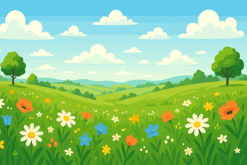 Idyllic summer meadow landscape with colorful wildflowers. Cartoon vector background with green rolling hills, blue sky, and clouds. Beautiful nature scenery for spring season.