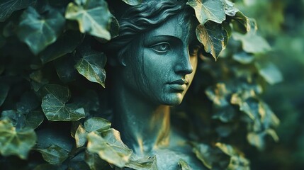 Obraz premium Bronze statue head, hidden by ivy