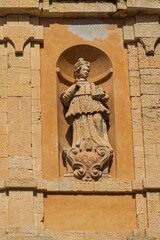 Statue of San Bonaventura on the facade of the Church of Santa Rosalia in Cagliari. Sardinia, Italy