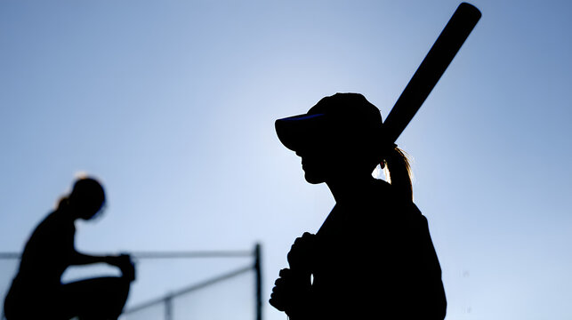 Silhouetted Female Baseball Player Wearing Cap Holding Bat Outdoors in Bright Sunlight