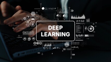 Hands on Laptop with Deep Learning Graphics Displayed on Screen and Data Visualization Background....