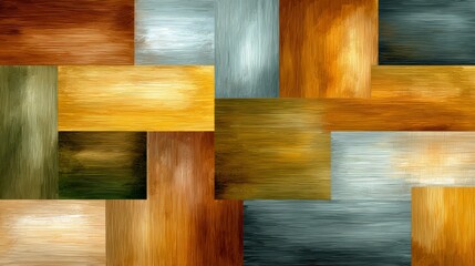 Abstract artwork featuring a pattern of textured, brush-stroked rectangles in warm gold, brown, olive green, and cool blue-gray tones.