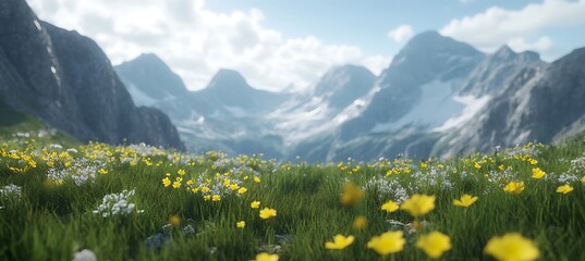A tranquil alpine meadow with wildflowers and distant peaks