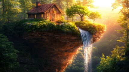 Fototapeta premium Cabin on cliff, waterfall, sunlit forest