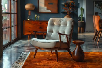 This contemporary living space features a stylish chair, elegant decor, and a warm color palette, creating an inviting atmosphere for relaxation and socializing with friends.