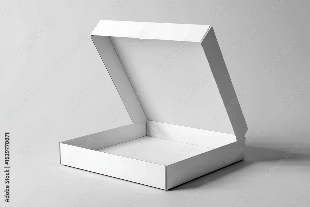 Poster an opened white cardboard pizza box mockup presented on a clean and light background, creating a bla