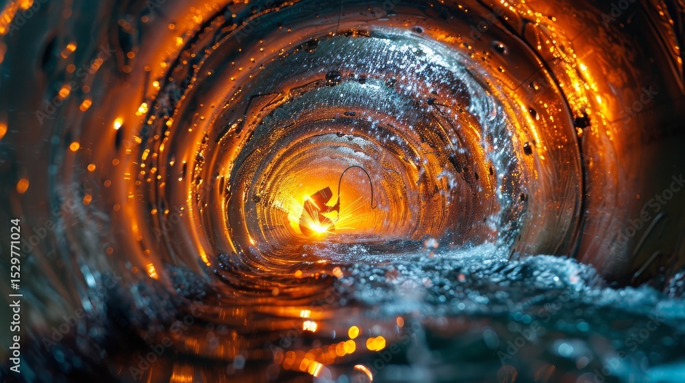 Poster an abstract view of a swirling water tunnel illuminated with warm colors, capturing the interplay be