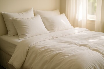 Luxurious white bedding and pillow arrangement creating comfort and relaxation atmosphere
