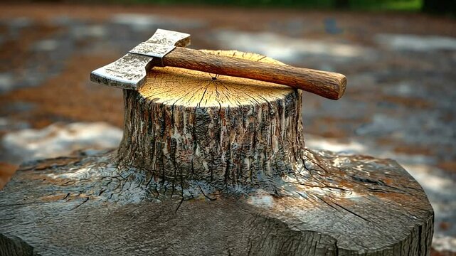 A rustic axe resting on a tree stump in a serene forest setting with natural textures
