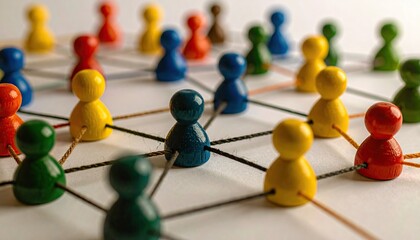 Obraz premium A colorful network of toy figures connected by string, with a white background and various colors