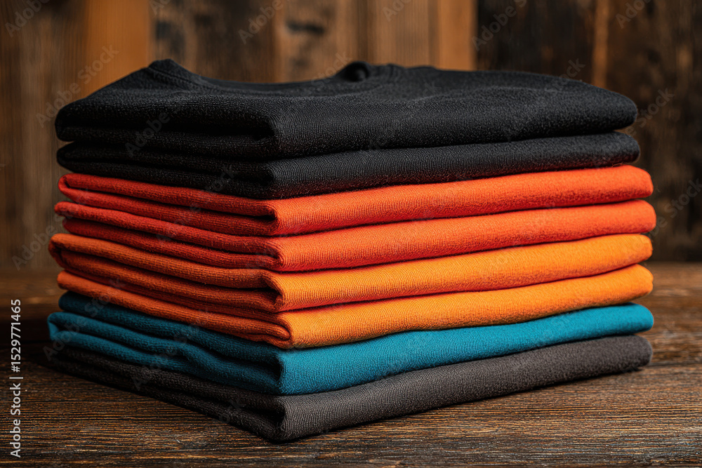 Poster a neatly folded stack of vibrant t-shirts on a rustic wooden surface, featuring a range of warm eart
