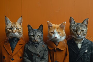 Four elegant cats wear charming suits and coats, creating an amusing and artistic representation of felines dressed for a fashionable social event.