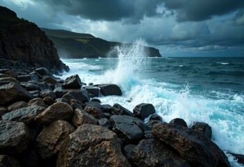 Obraz premium Rugged rocky shoreline with crashing waves under stormy sky near coastal cliffs
