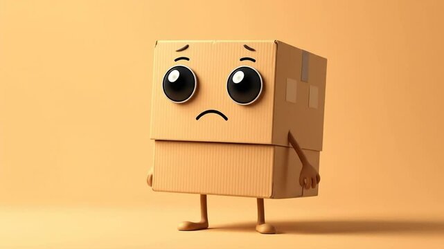 Sad Cardboard Box Character with a Melancholy Expression Stands Alone
