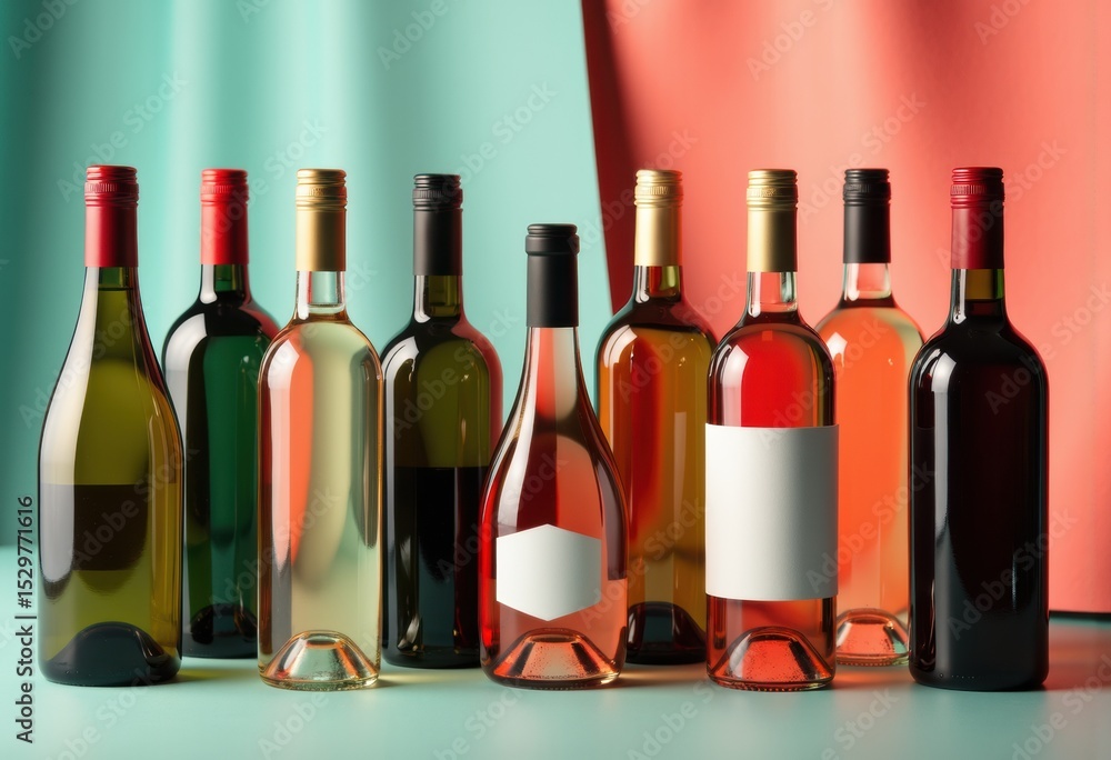 Poster assorted wine bottles with blank labels arranged against colorful background