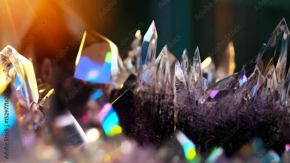 Poster close up view of translucent gemstones in light with colorful bokeh, crystals reflecting light creat