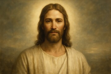 Fototapeta premium Majestic Portrait of Jesus Christ with a Serene Expression and Flowing Hair Against a Softly Lit Background Savior of Mankind Inspirational Religious Banner
