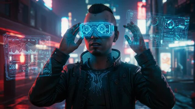 Cyberpunk Man Interacting with Holographic Interface - A futuristic man with a mohawk and cybernetic enhancements interacts with holographic displays projected in front of him. The scene is set in a v