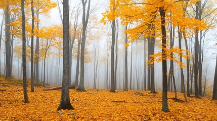 A tranquil autumn forest with golden leaves carpeting the ground and a misty backdrop 