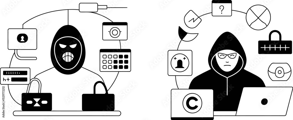 Aufkleber cybersecurity threat illustration of hacker attack and data breach with malicious intent and online 
