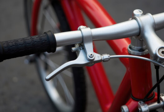 Close-up of a bicycle handlebar with a red frame and brake lever - Powered by Adobe