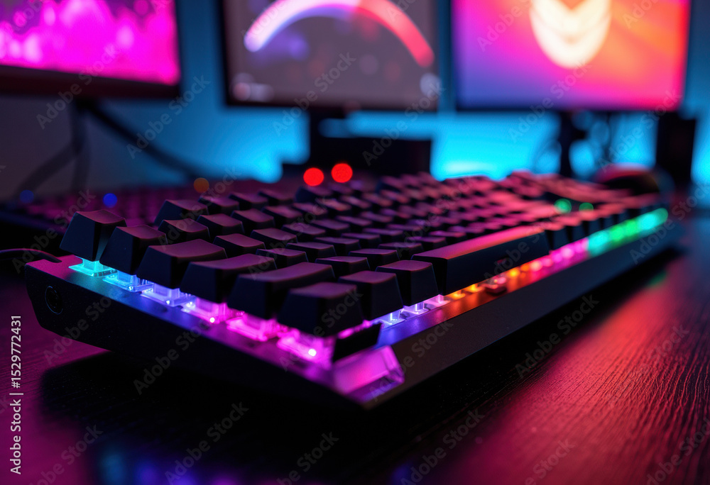 Poster rgb backlit gaming keyboard with colorful illumination on a dark desk setup