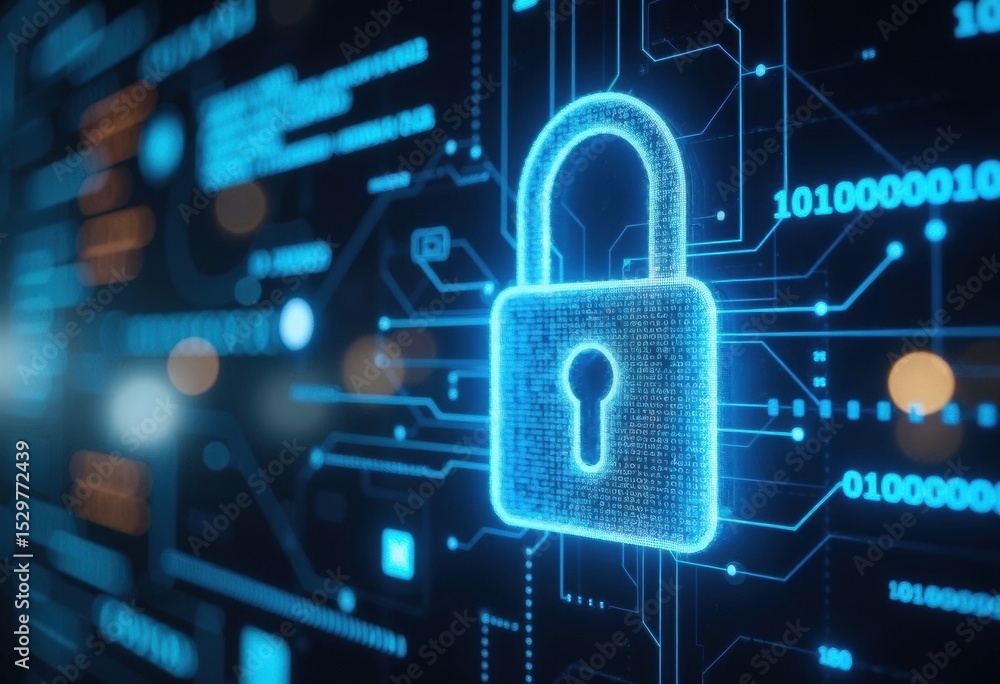 Poster digital padlock symbolizing cybersecurity and data protection in technology