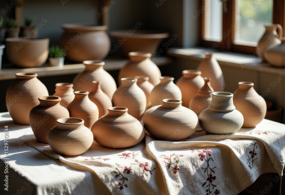 Poster collection of various clay pots arranged on a table near a window with natural sunlight