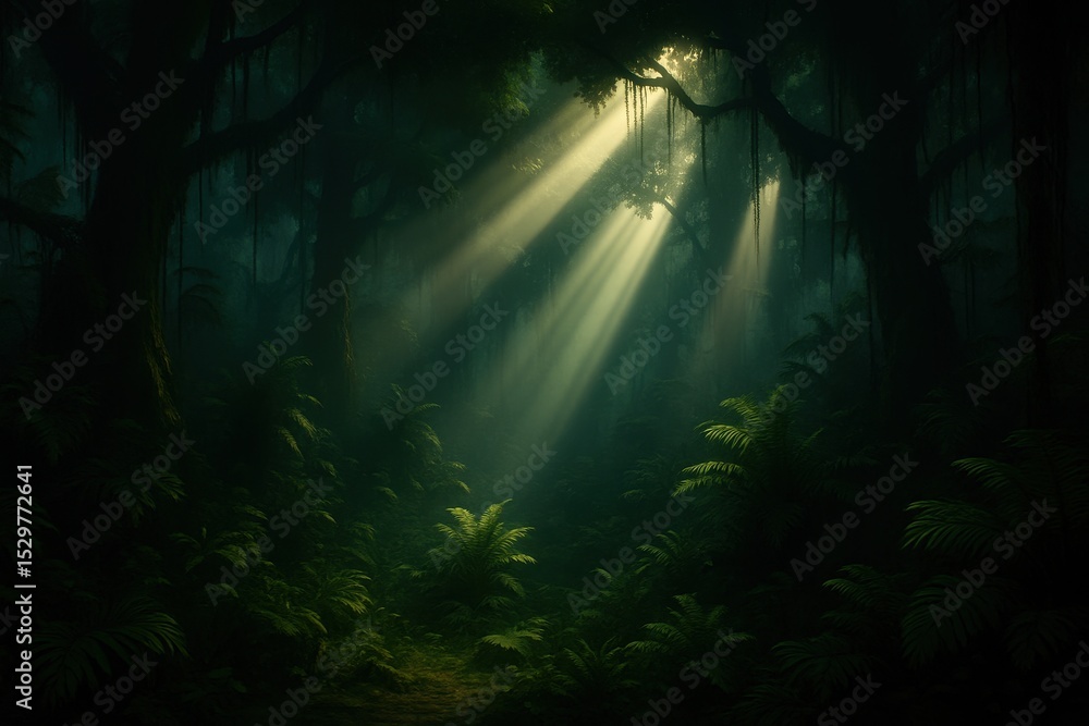 Poster mysterious dark rainforest with sun rays piercing through the dense canopy illuminating lush jungle 